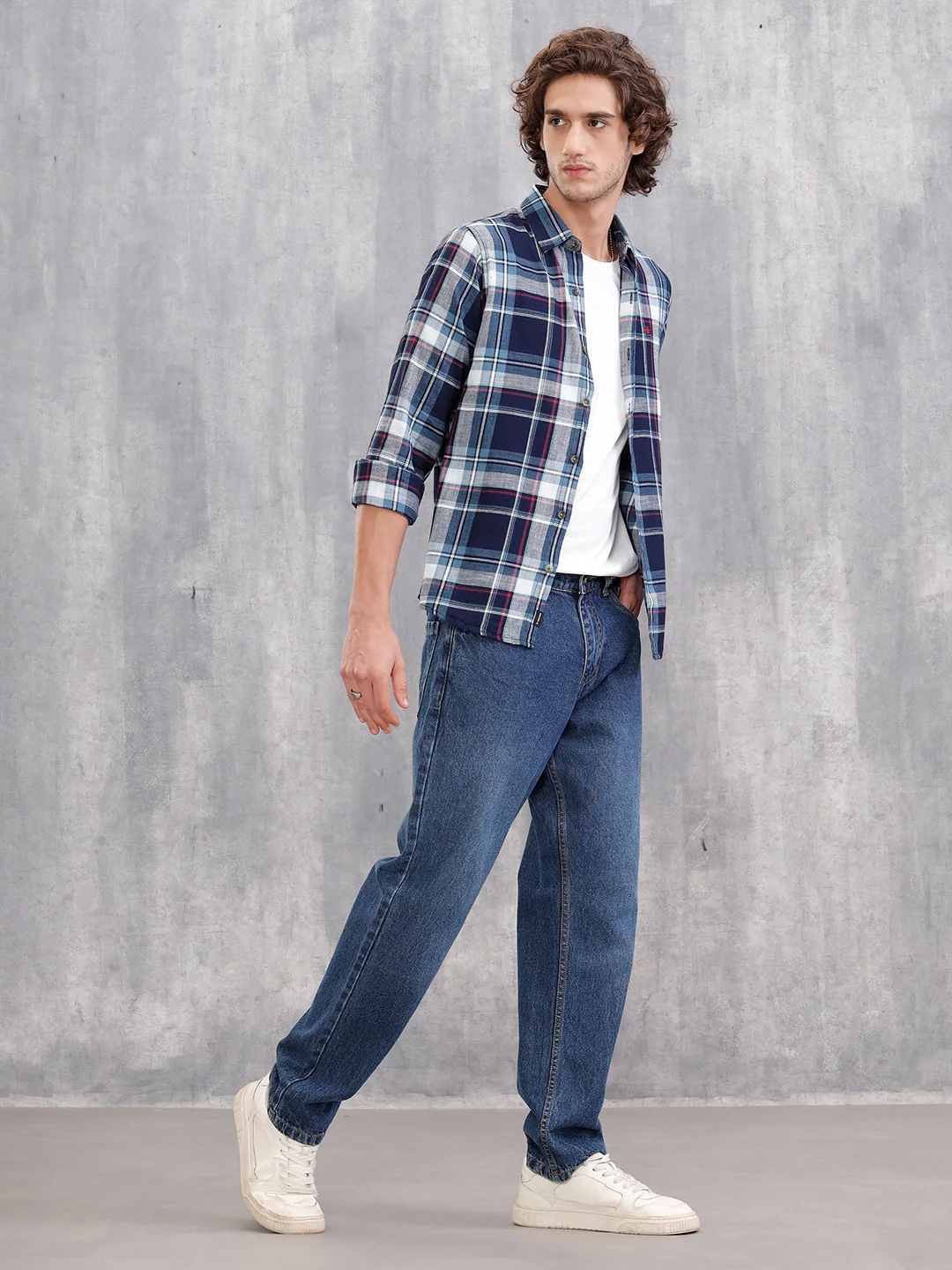 100 %Cotton Check Pattern Regular Fit Shirt | Navy Blue - Image 2