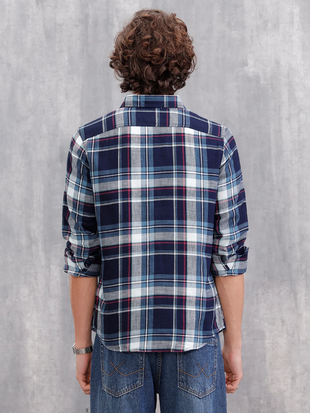 100 %Cotton Check Pattern Regular Fit Shirt | Navy Blue - Image 3