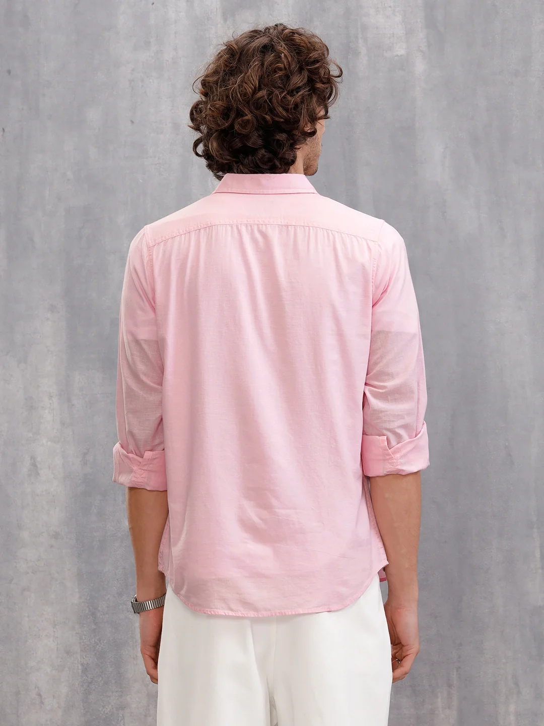 100% Cotton Slub Causal Look Slim Fit Solid Shirt | Pink - Image 3