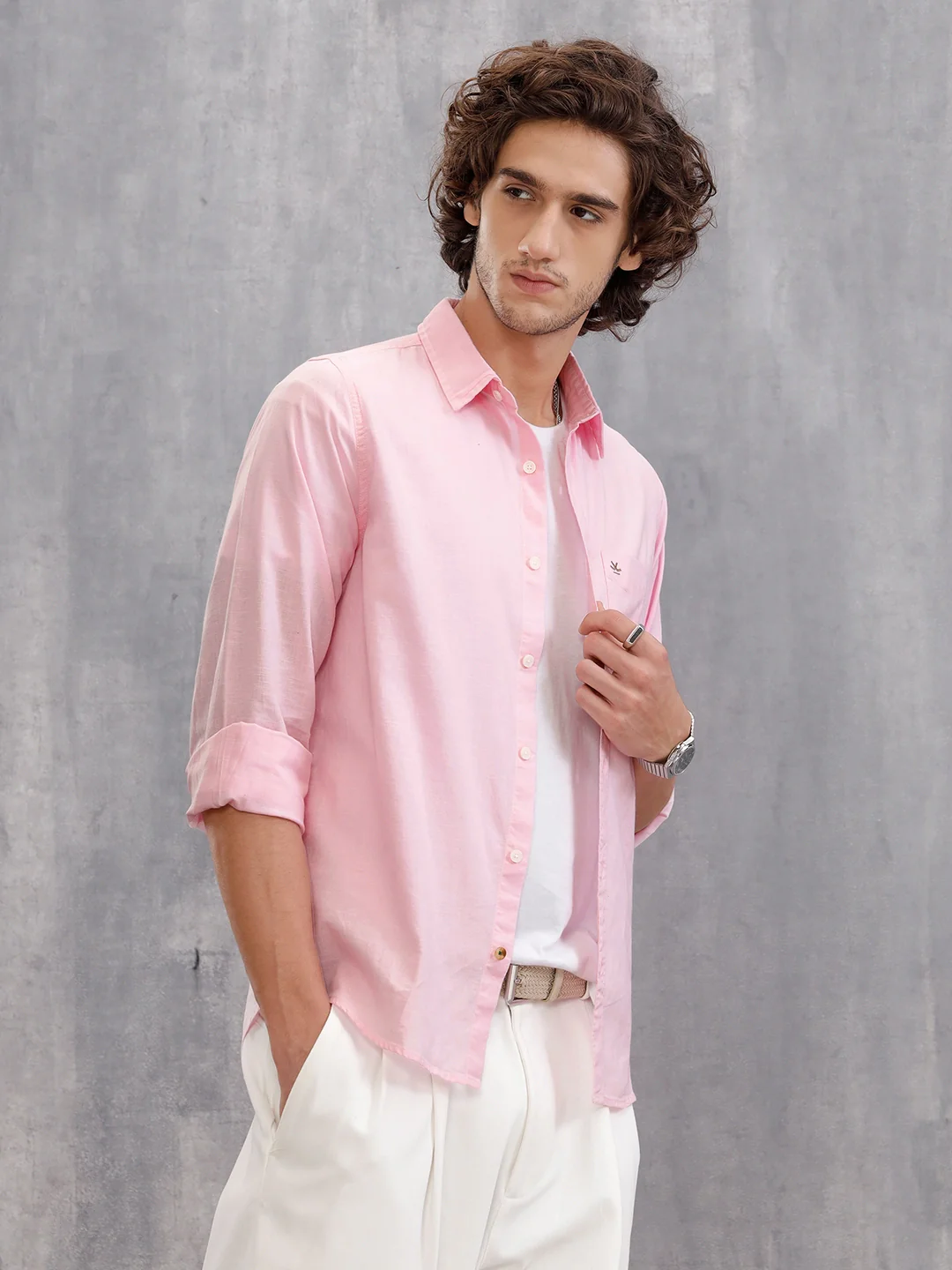 100% Cotton Slub Causal Look Slim Fit Solid Shirt | Pink - Image 4