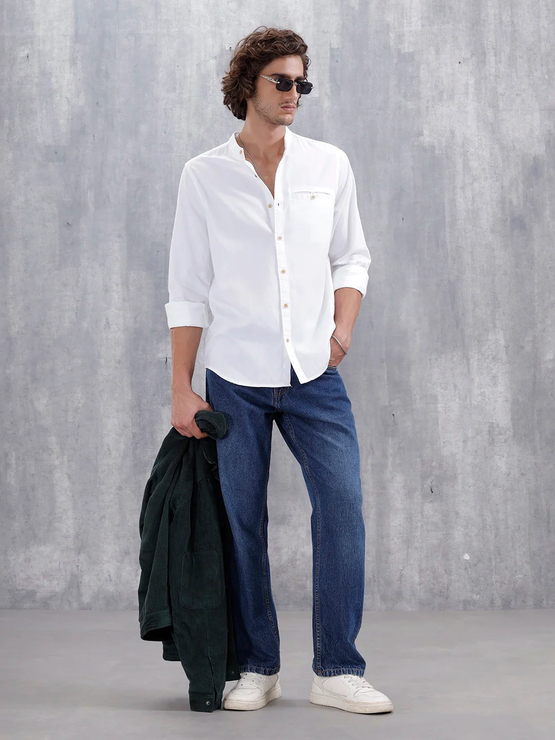 100% Cotton Solid Mandarin Collar Shirt | Off White - Image 2
