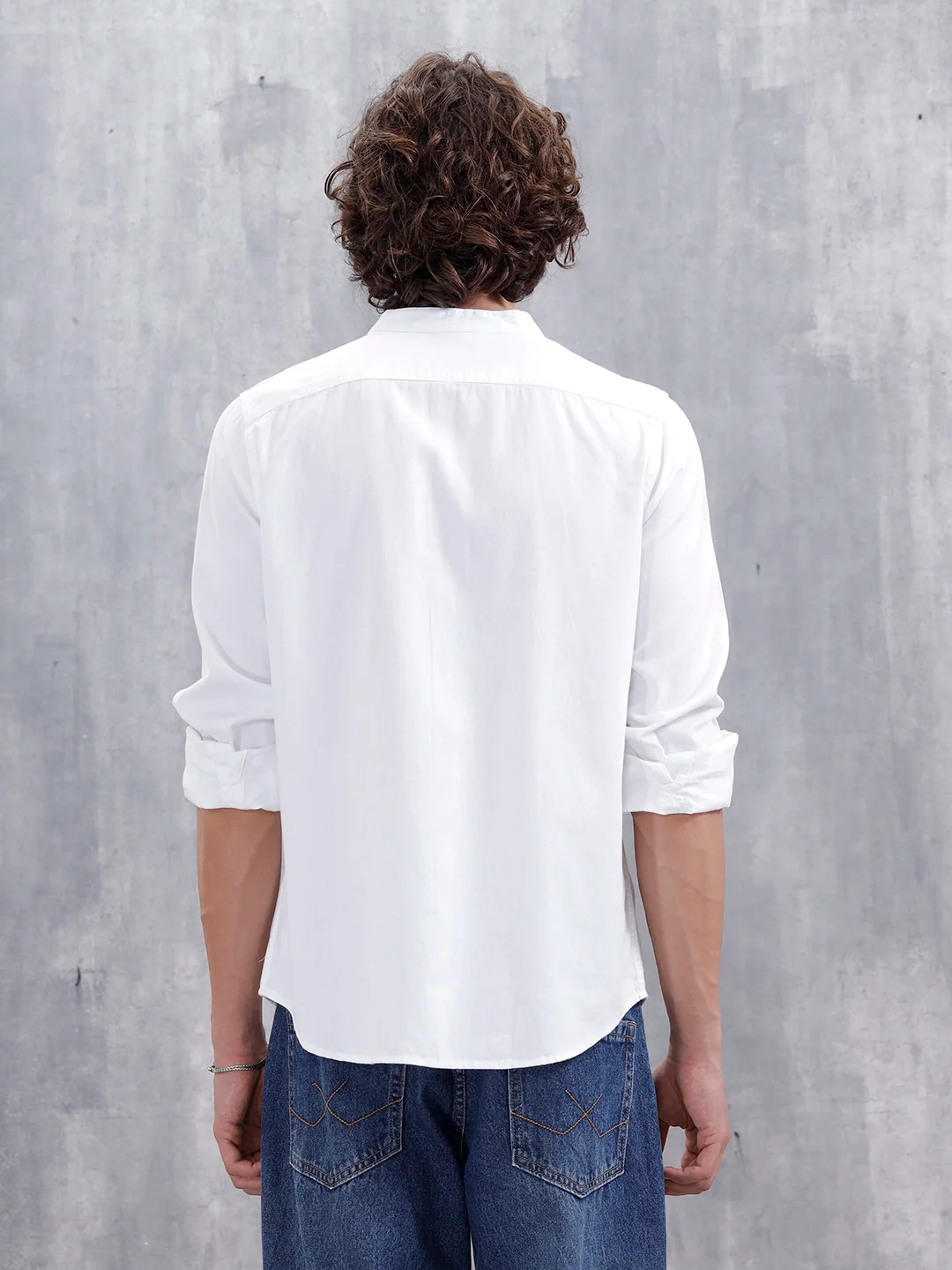 100% Cotton Solid Mandarin Collar Shirt | Off White - Image 3