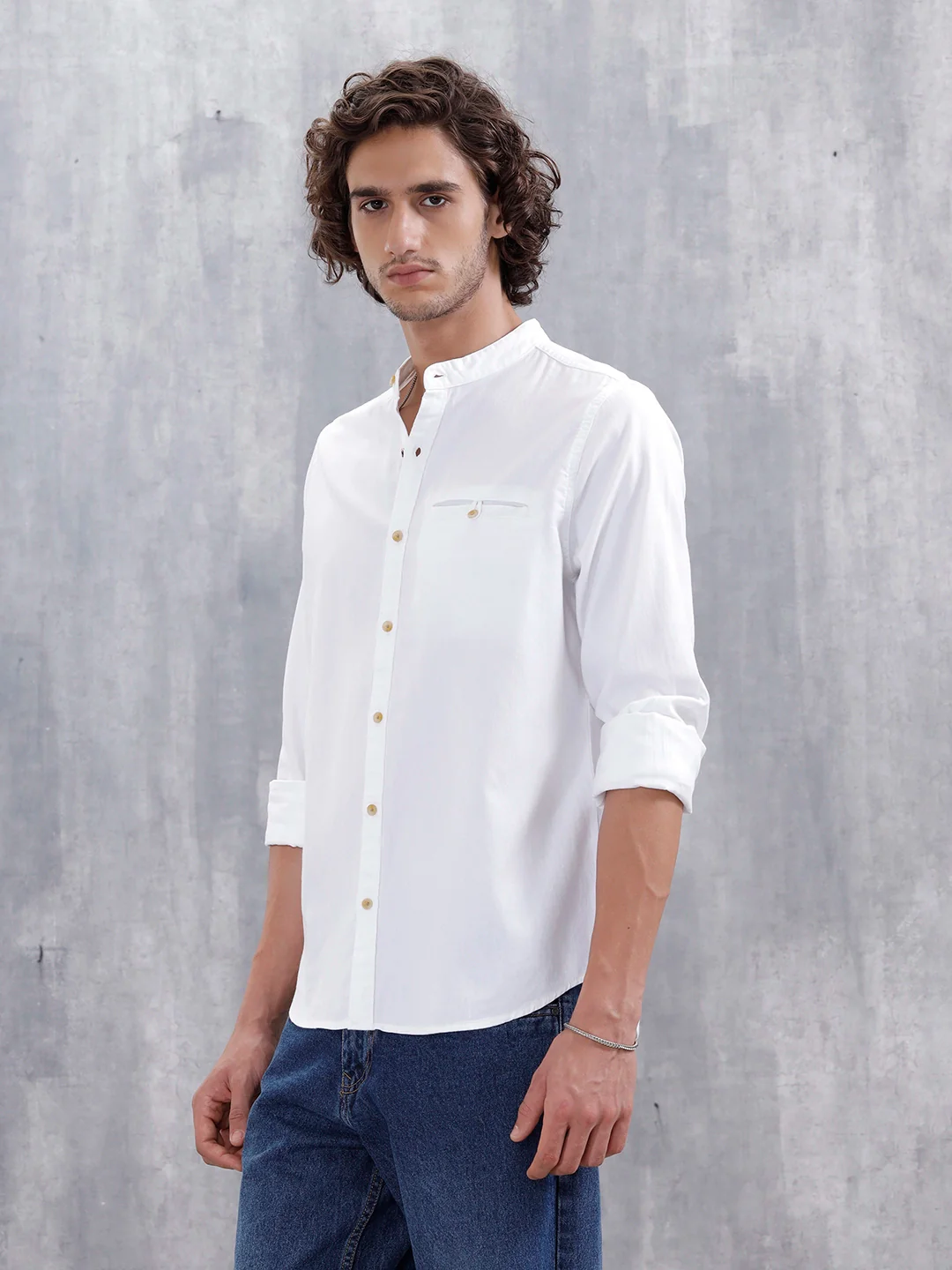100% Cotton Solid Mandarin Collar Shirt | Off White - Image 4