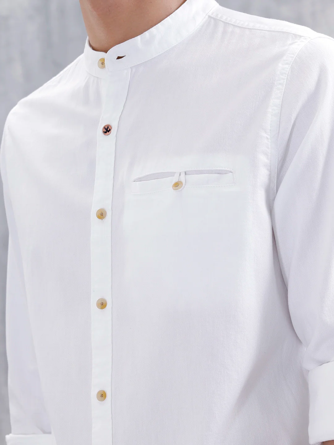100% Cotton Solid Mandarin Collar Shirt | Off White - Image 5