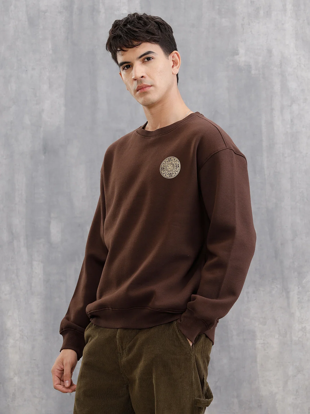 3D Gold Foil Printed Crew Pullover Sweat In Comfort Fit | Brown - Image 3