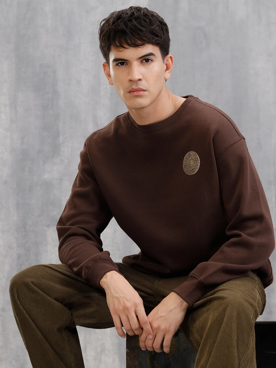 3D Gold Foil Printed Crew Pullover Sweat In Comfort Fit | Brown - Image 7