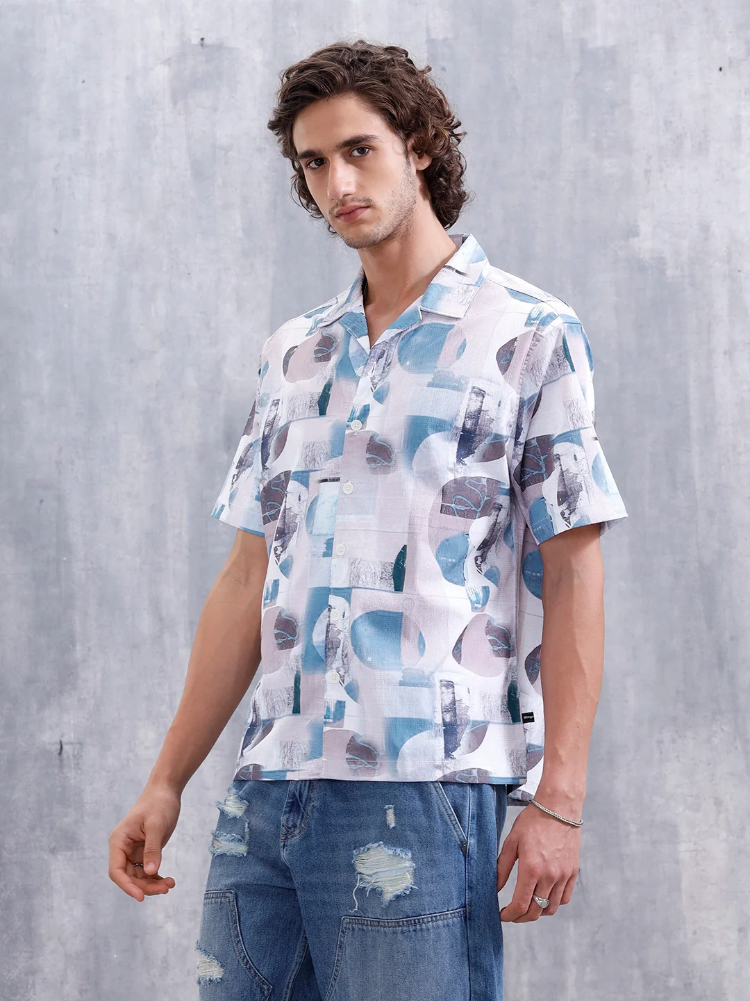 Abstract Aop Printed Comfort Fit Resort Collar Shirt | Blue - Image 4