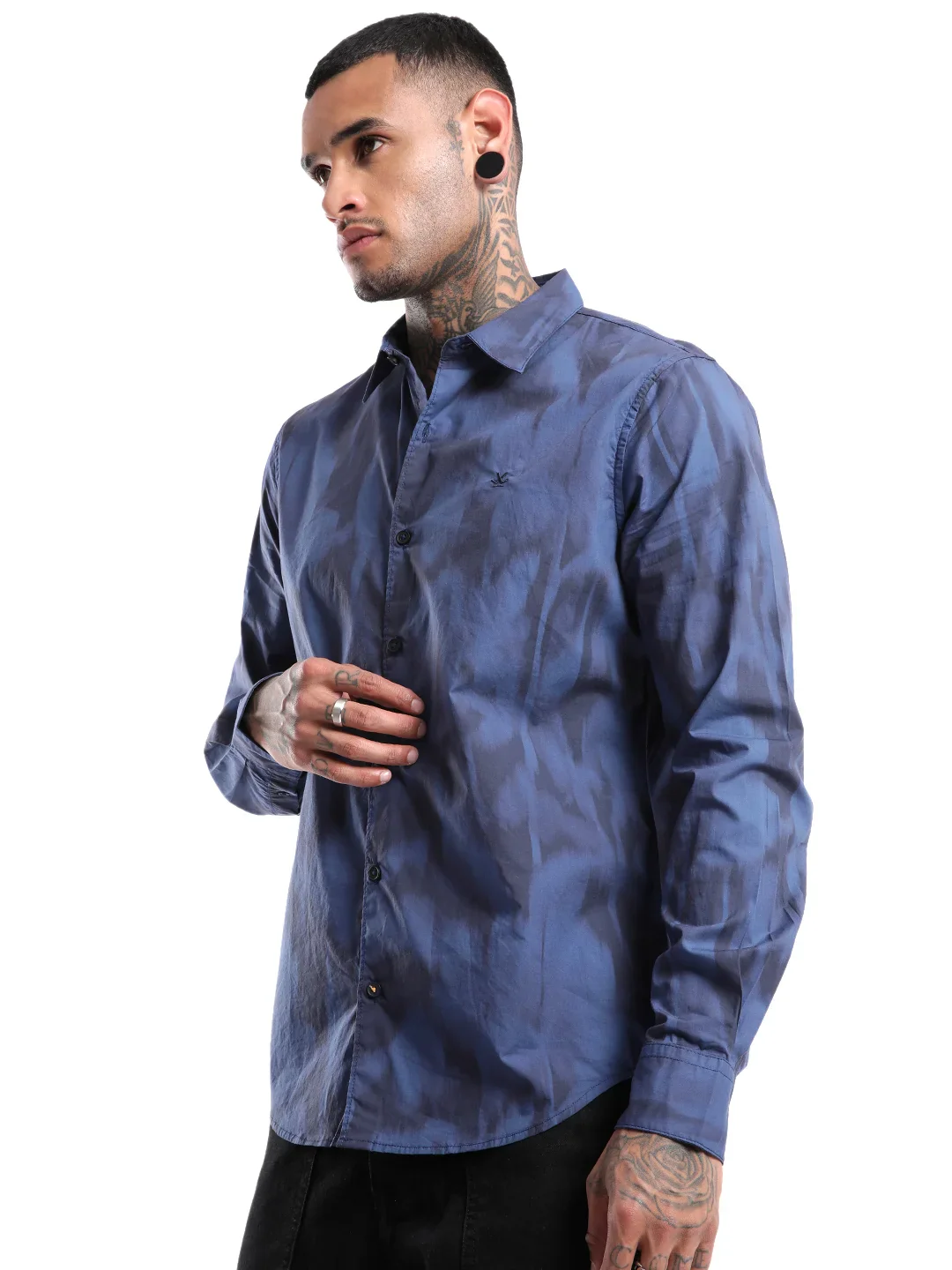 Abstract Navy Satin Printed Shirt - Image 4