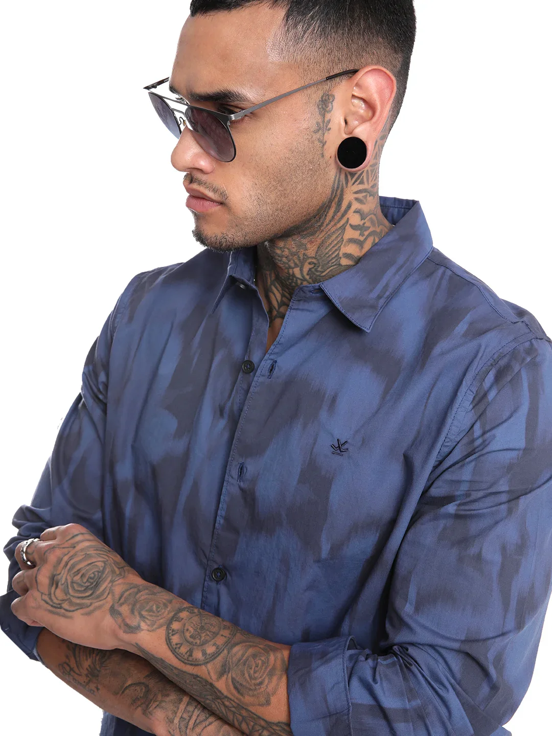 Abstract Navy Satin Printed Shirt - Image 5