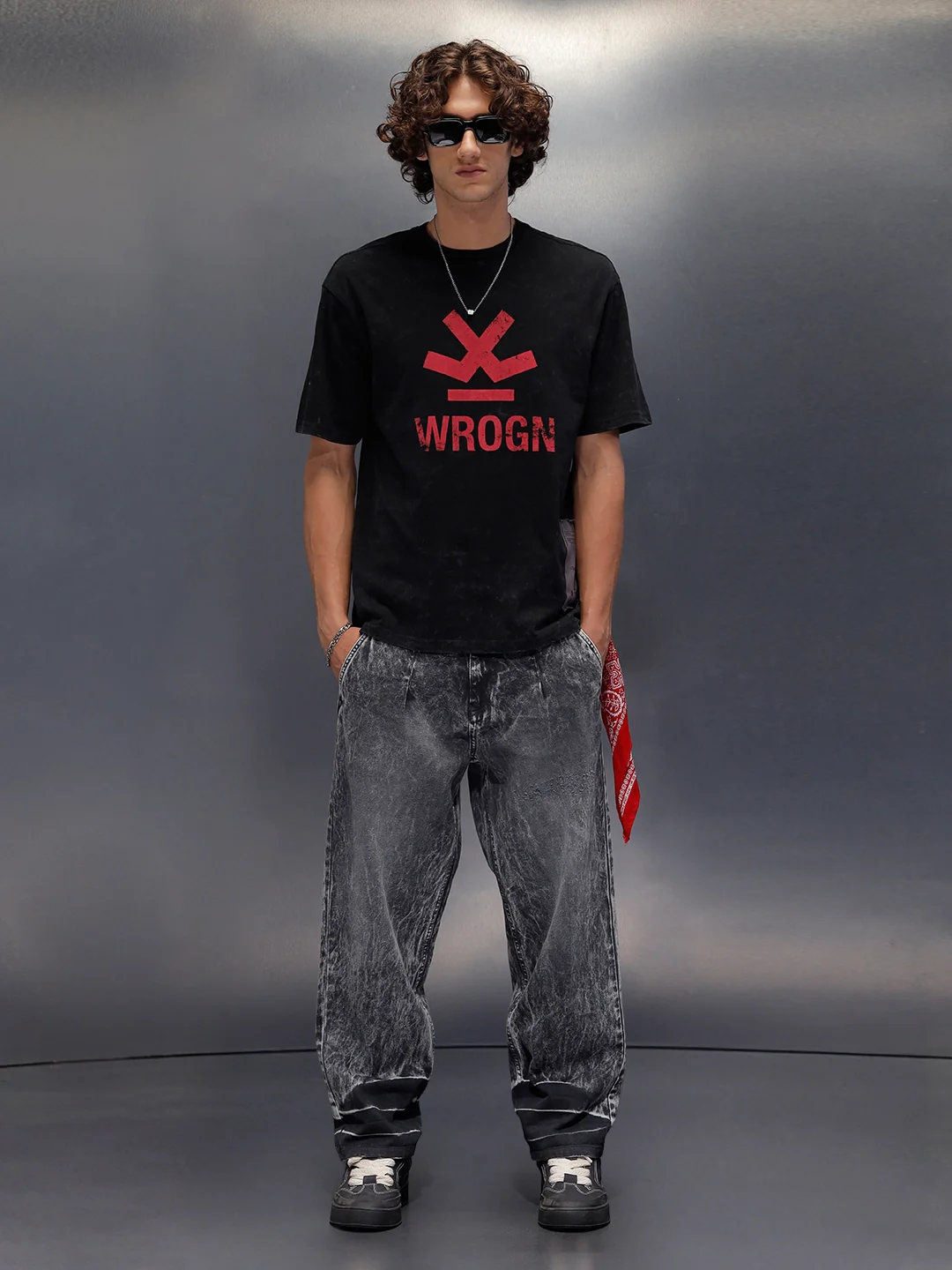 Acid Wash Crew Neck Tee With Chest Logo & Patch Graphic | Black - Image 2