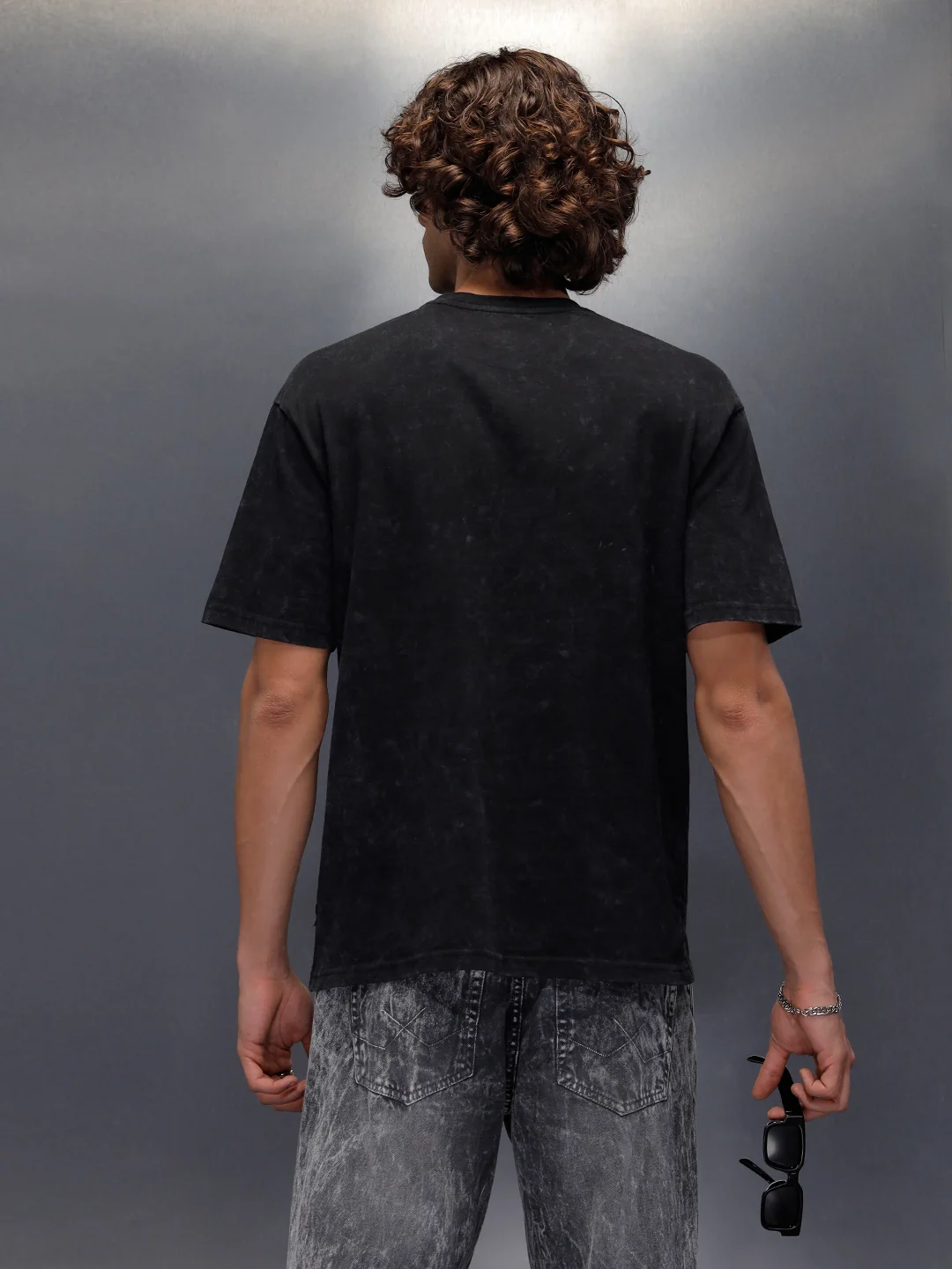 Acid Wash Crew Neck Tee With Chest Logo & Patch Graphic | Black - Image 3