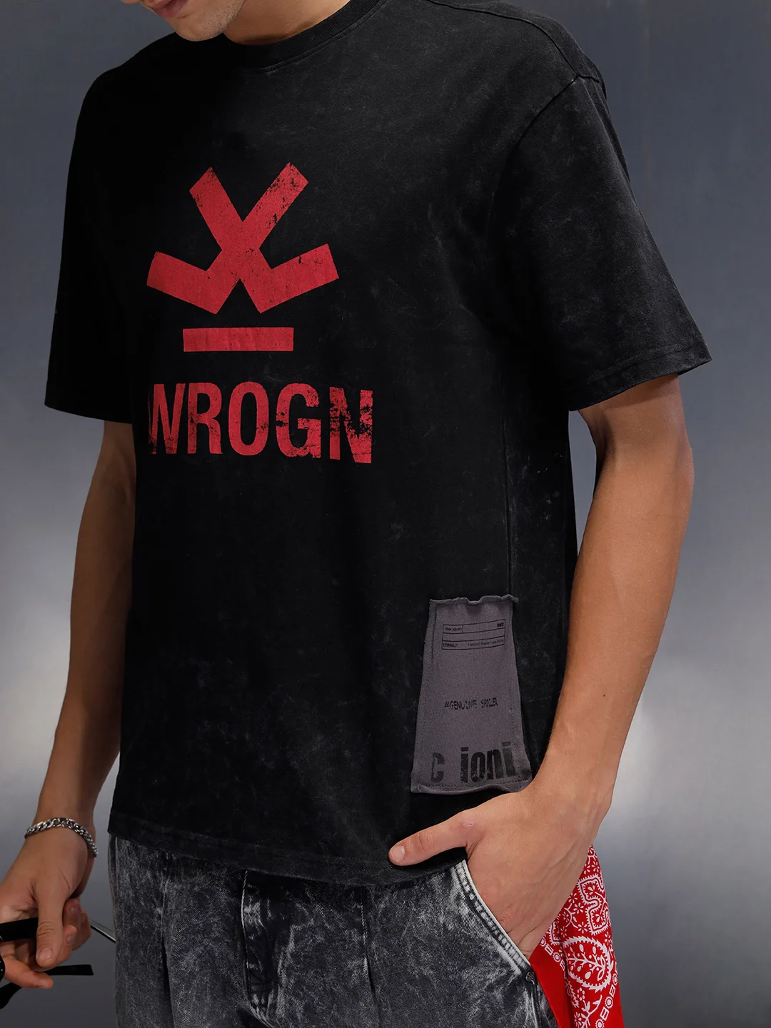 Acid Wash Crew Neck Tee With Chest Logo & Patch Graphic | Black - Image 5