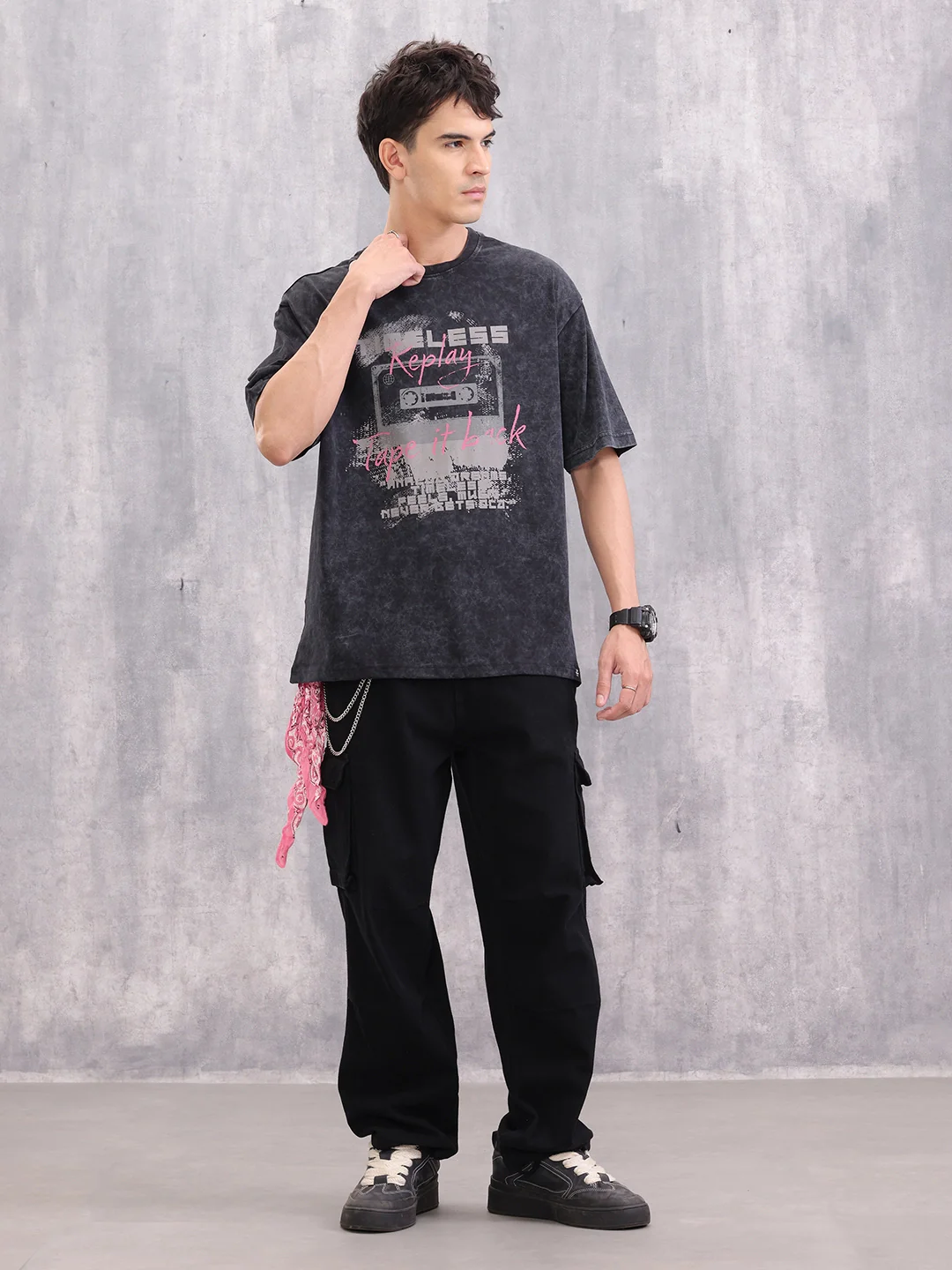 Acid Wash Graphic Printed Oversized Fit T-Shirt | Black - Image 2