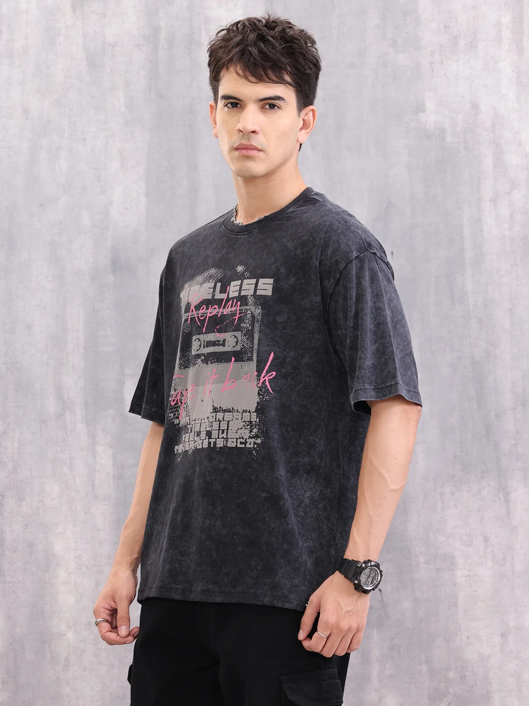 Acid Wash Graphic Printed Oversized Fit T-Shirt | Black - Image 5