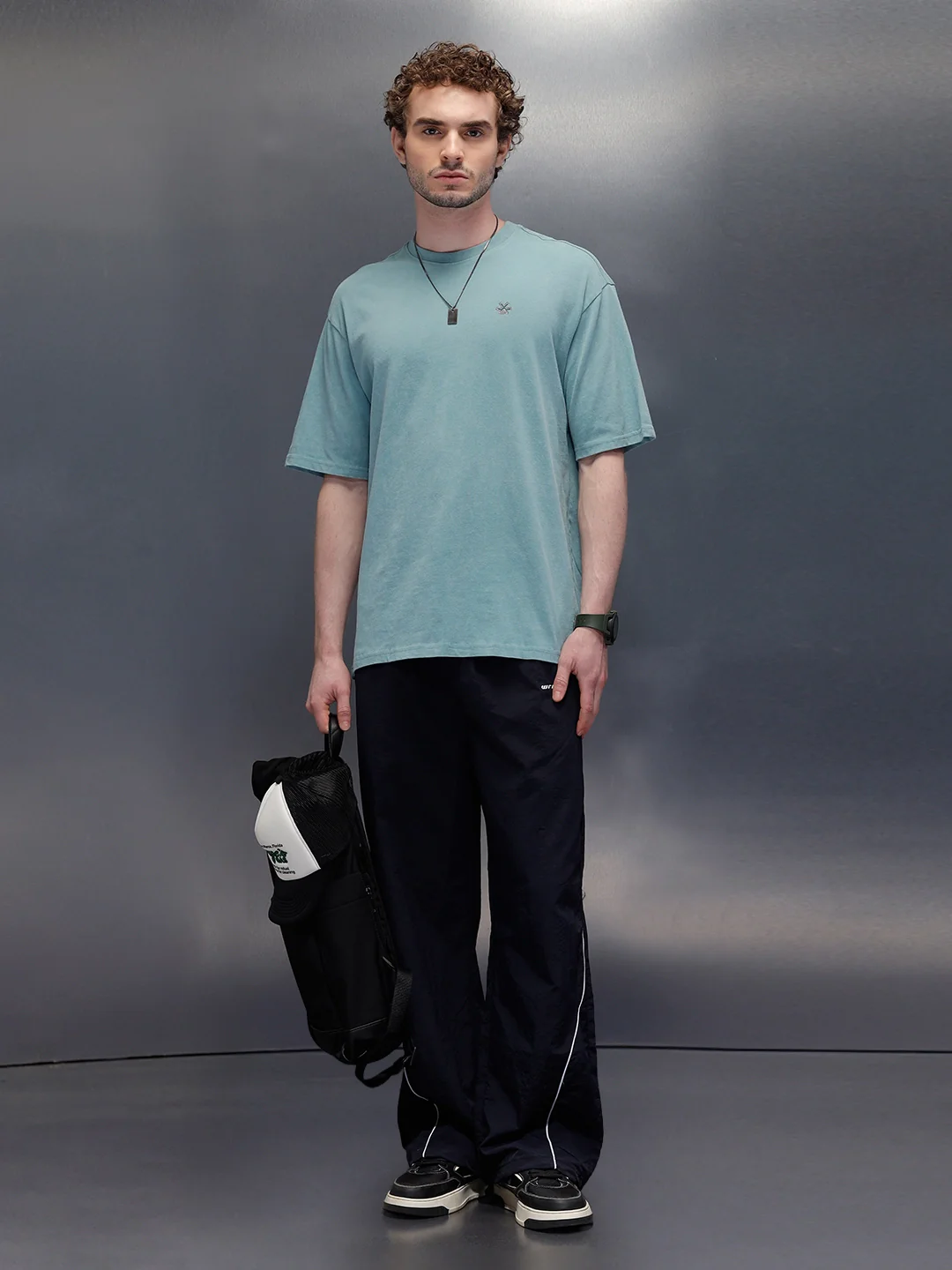 Acid Wash Oversized Fit Tee With Chest Logo & Back Graphic | Green - Image 2