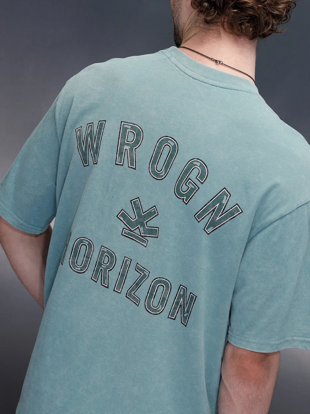 Acid Wash Oversized Fit Tee With Chest Logo & Back Graphic | Green - Image 3