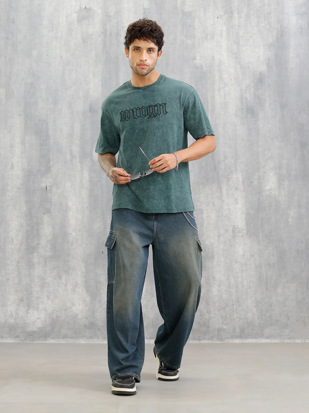 Acid Wash Oversized Fit T-shirt With Embroidery | Dark Green - Image 2