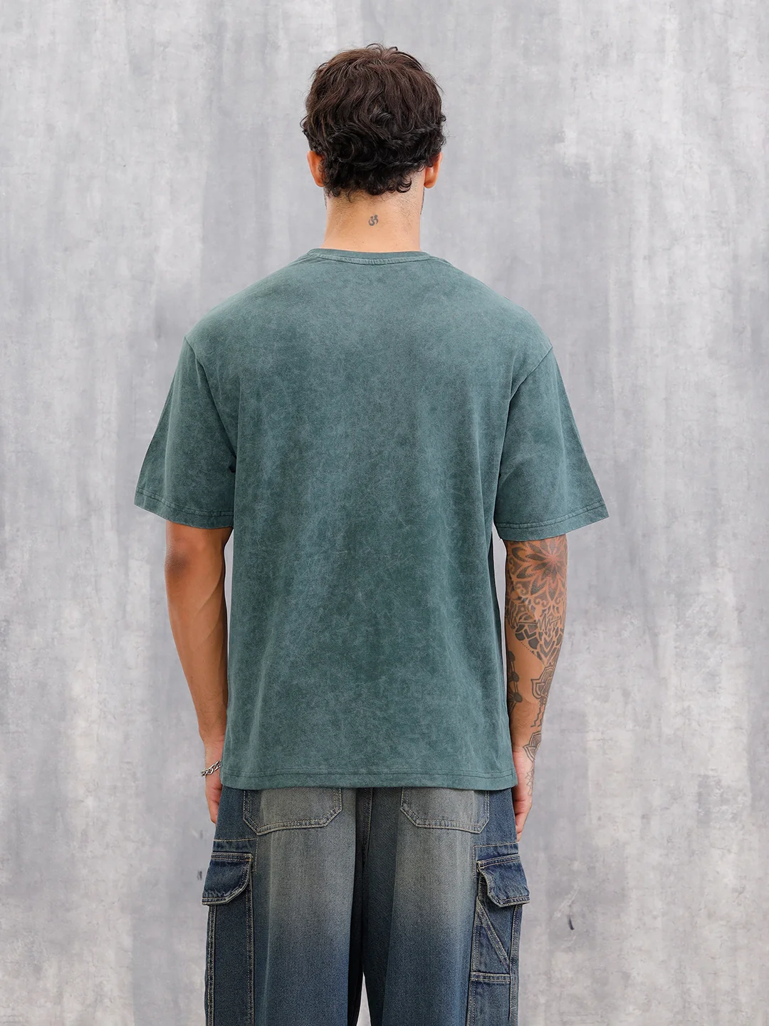 Acid Wash Oversized Fit T-shirt With Embroidery | Dark Green - Image 3