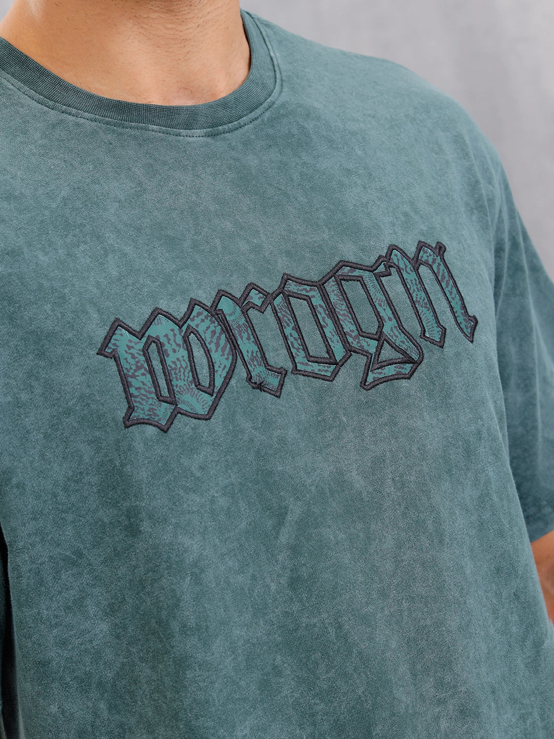 Acid Wash Oversized Fit T-shirt With Embroidery | Dark Green - Image 5