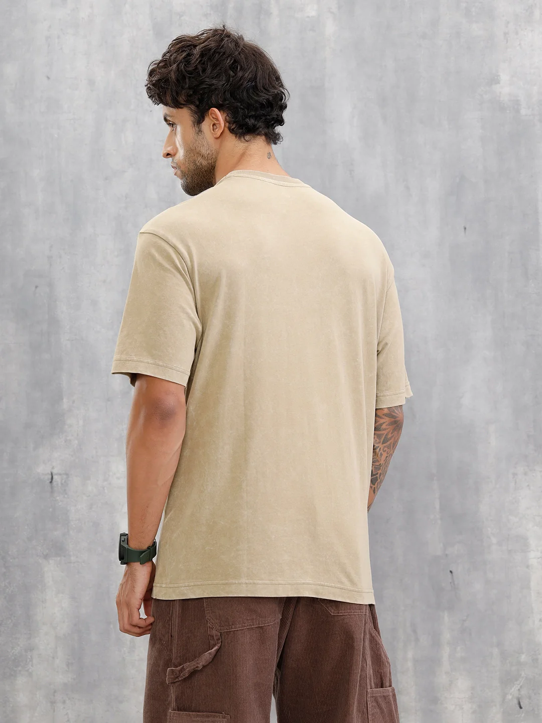 Acid Wash Oversized Fit T-shirt With Embroidery | Khaki - Image 3