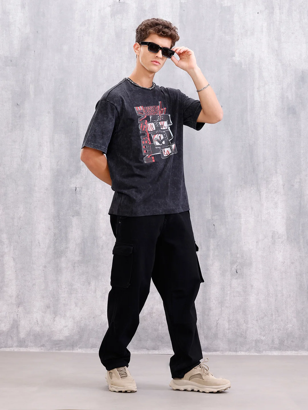 Acid Washed Retro Graphic Printed Oversized Fit Tshirt | Black - Image 2