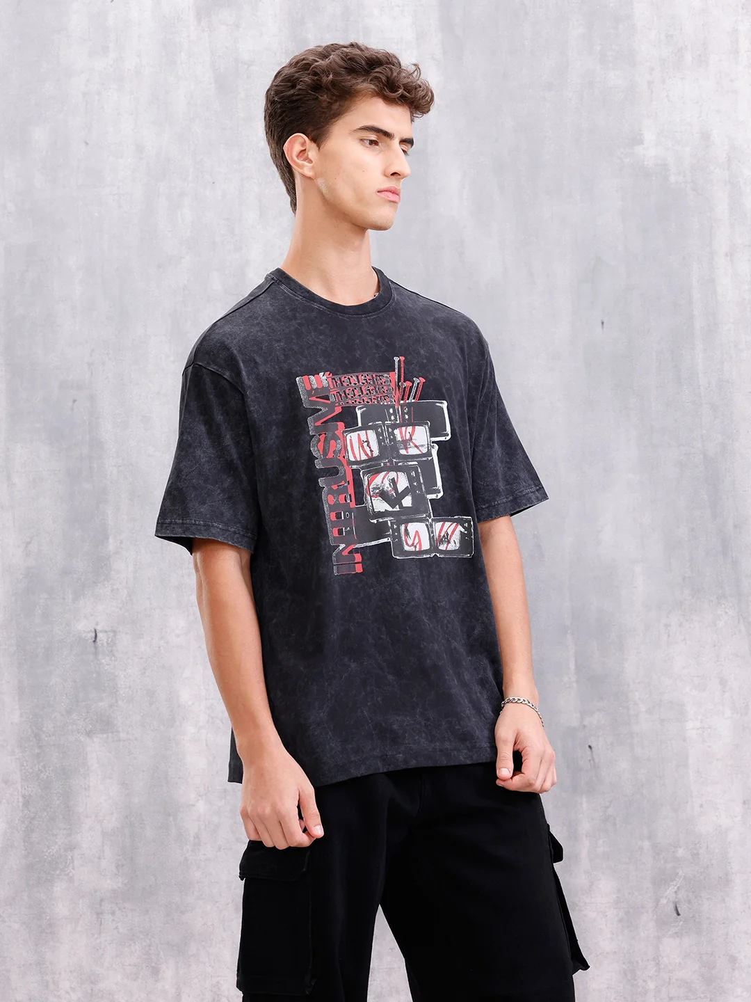 Acid Washed Retro Graphic Printed Oversized Fit Tshirt | Black - Image 4