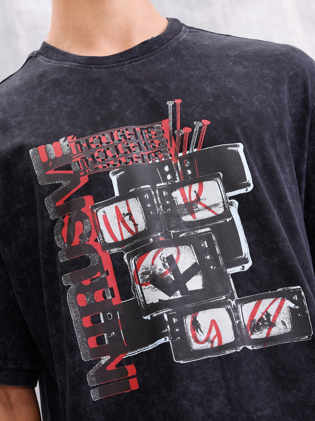 Acid Washed Retro Graphic Printed Oversized Fit Tshirt | Black - Image 5