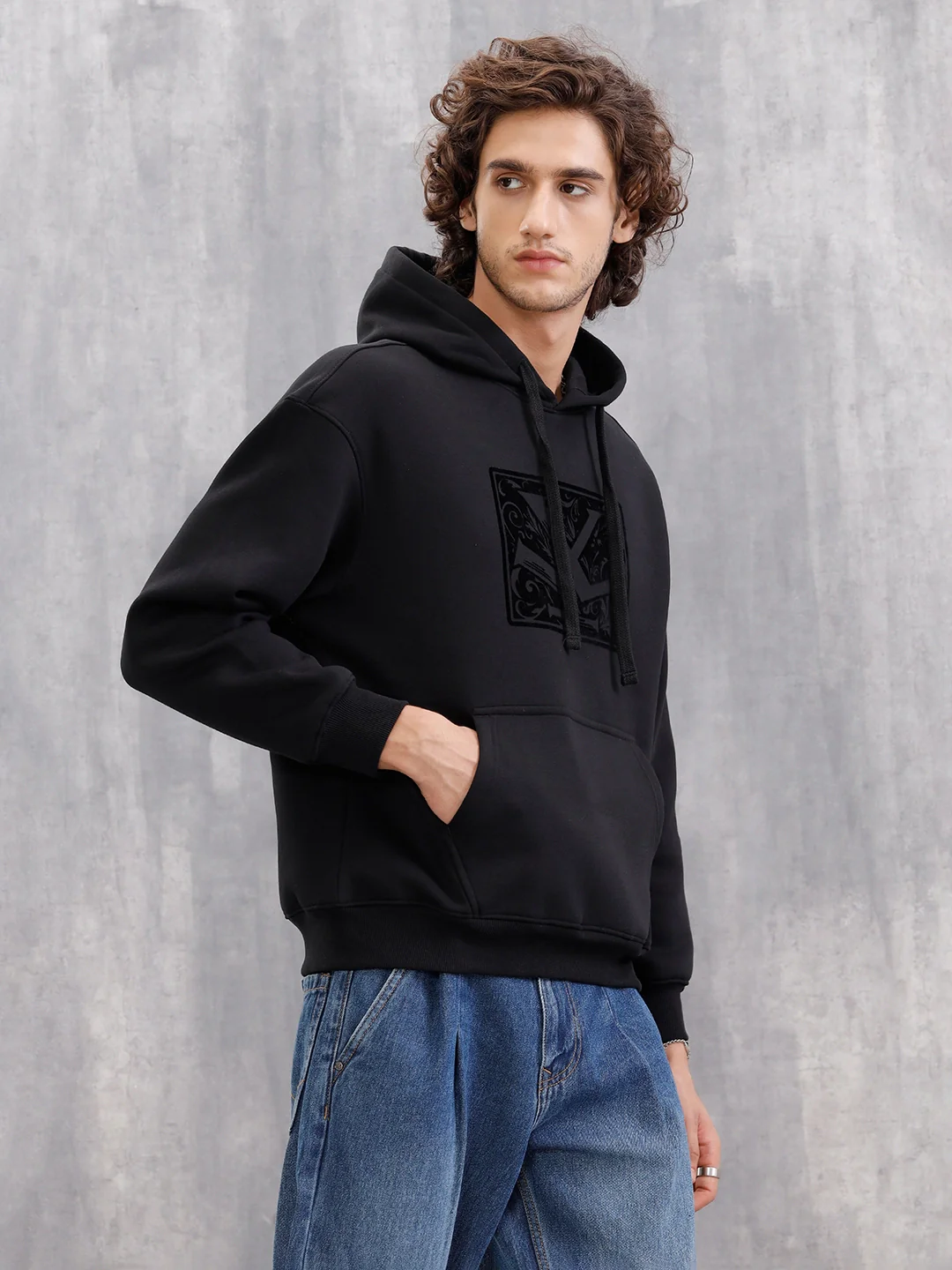 Adorned Logo In Velvet Flock Print On Oversized Hoodie Pullover | Black - Image 4