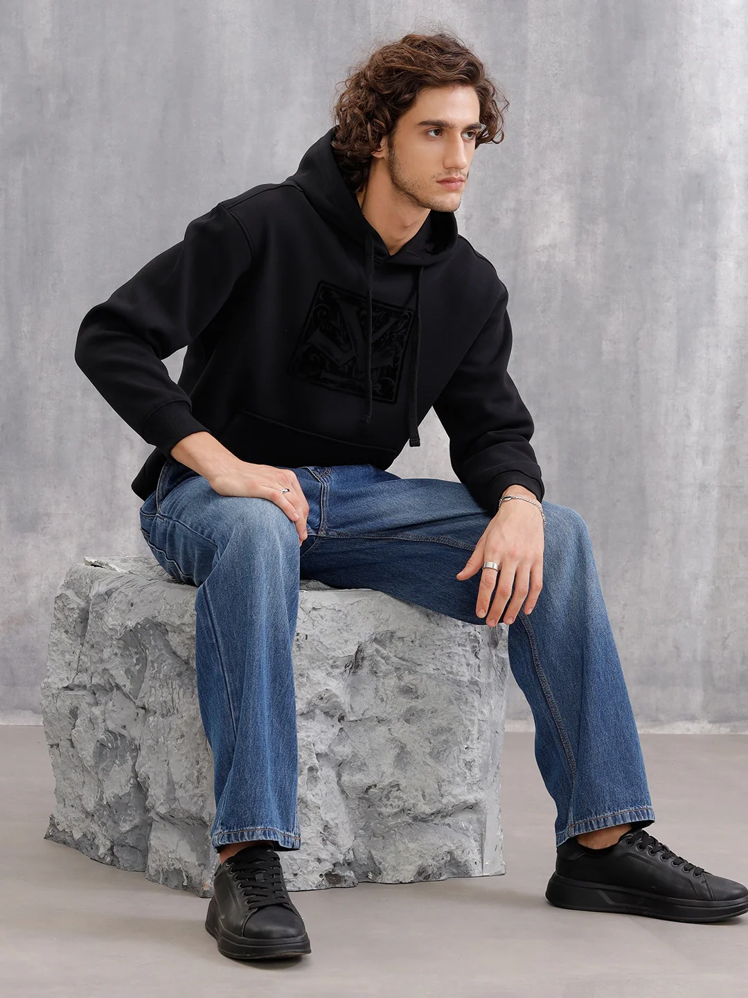 Adorned Logo In Velvet Flock Print On Oversized Hoodie Pullover | Black - Image 5