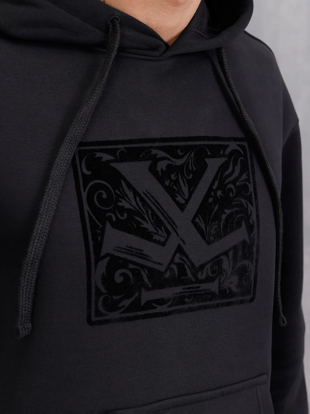 Adorned Logo In Velvet Flock Print On Oversized Hoodie Pullover | Black - Image 6
