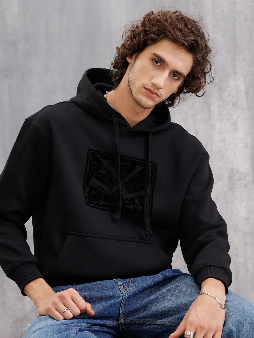 Adorned Logo In Velvet Flock Print On Oversized Hoodie Pullover | Black - Image 8