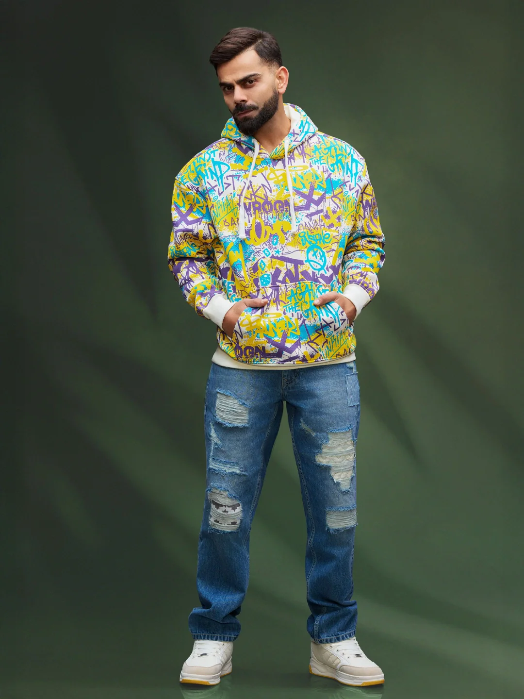 All Over Graffiti Print In Oversized Hoodie Pullover  |  Yellow - Image 2