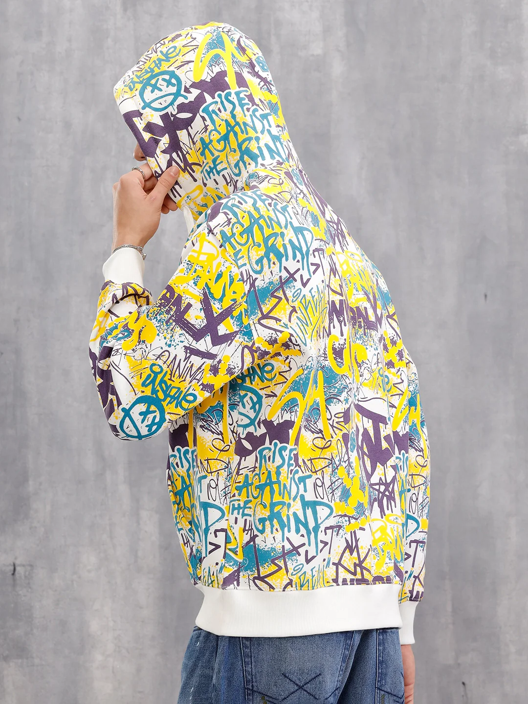 All Over Graffiti Print In Oversized Hoodie Pullover  |  Yellow - Image 3