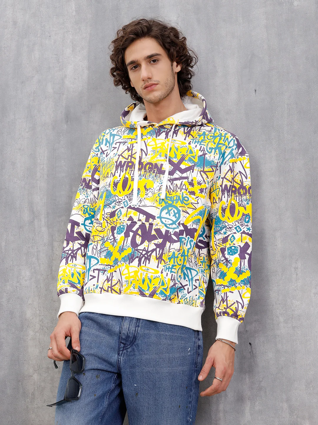 All Over Graffiti Print In Oversized Hoodie Pullover  |  Yellow - Image 4