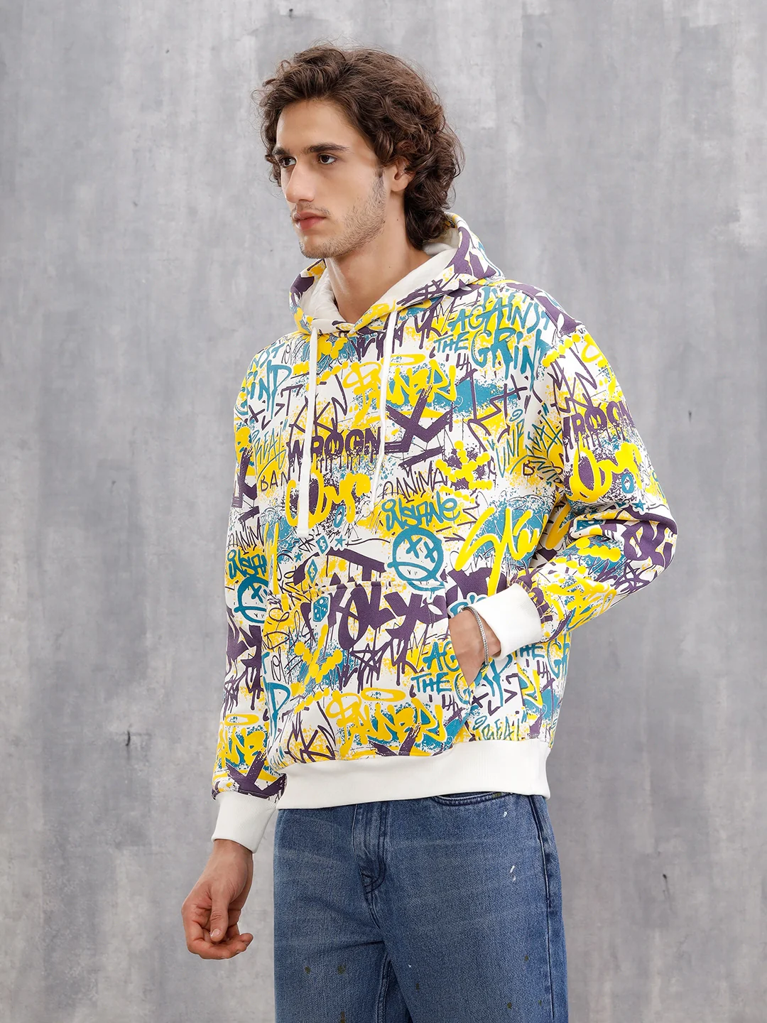 All Over Graffiti Print In Oversized Hoodie Pullover  |  Yellow - Image 7