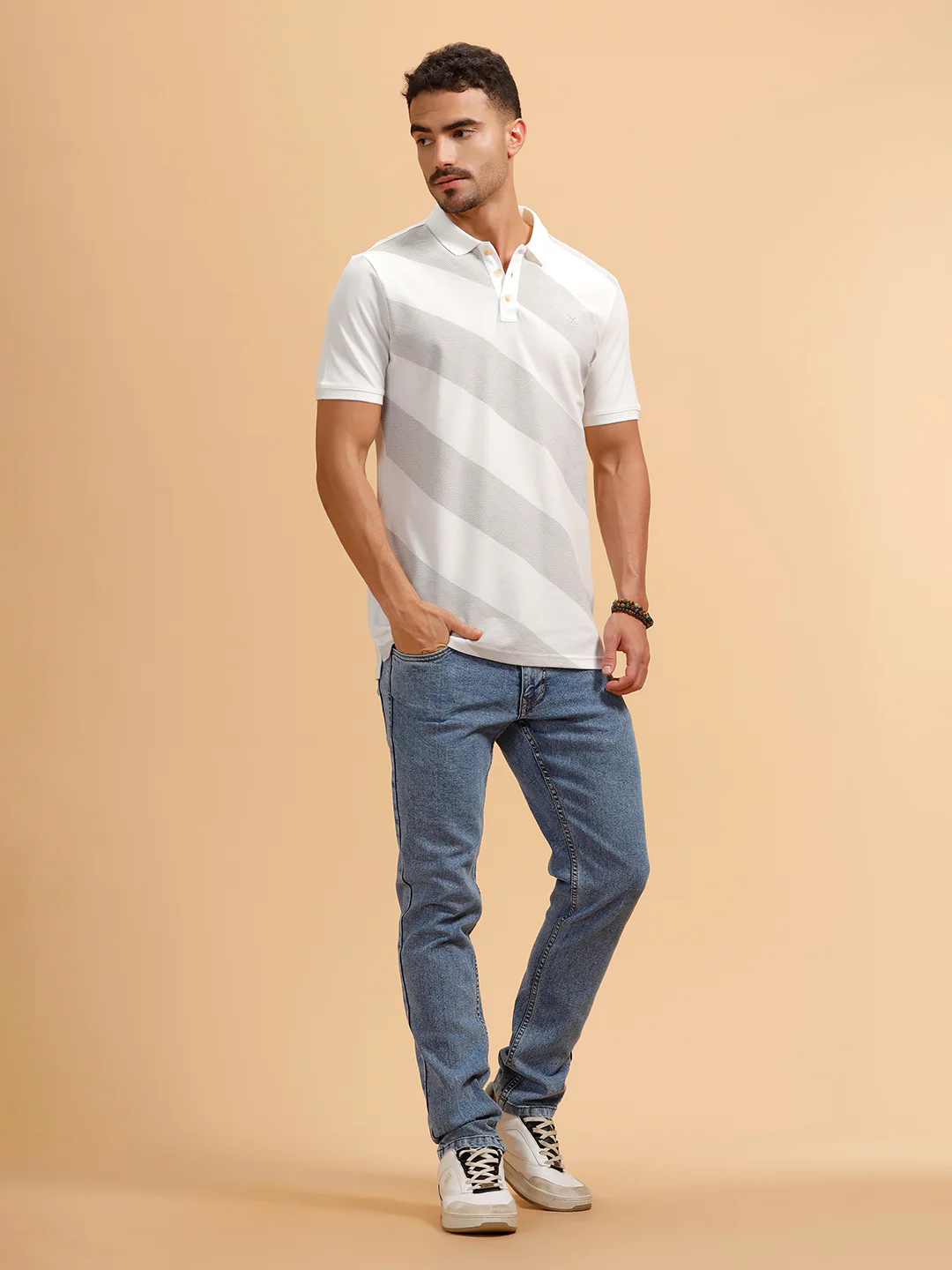 Angular Stripes Slim Fit Polo T-Shirt | White - Image 2