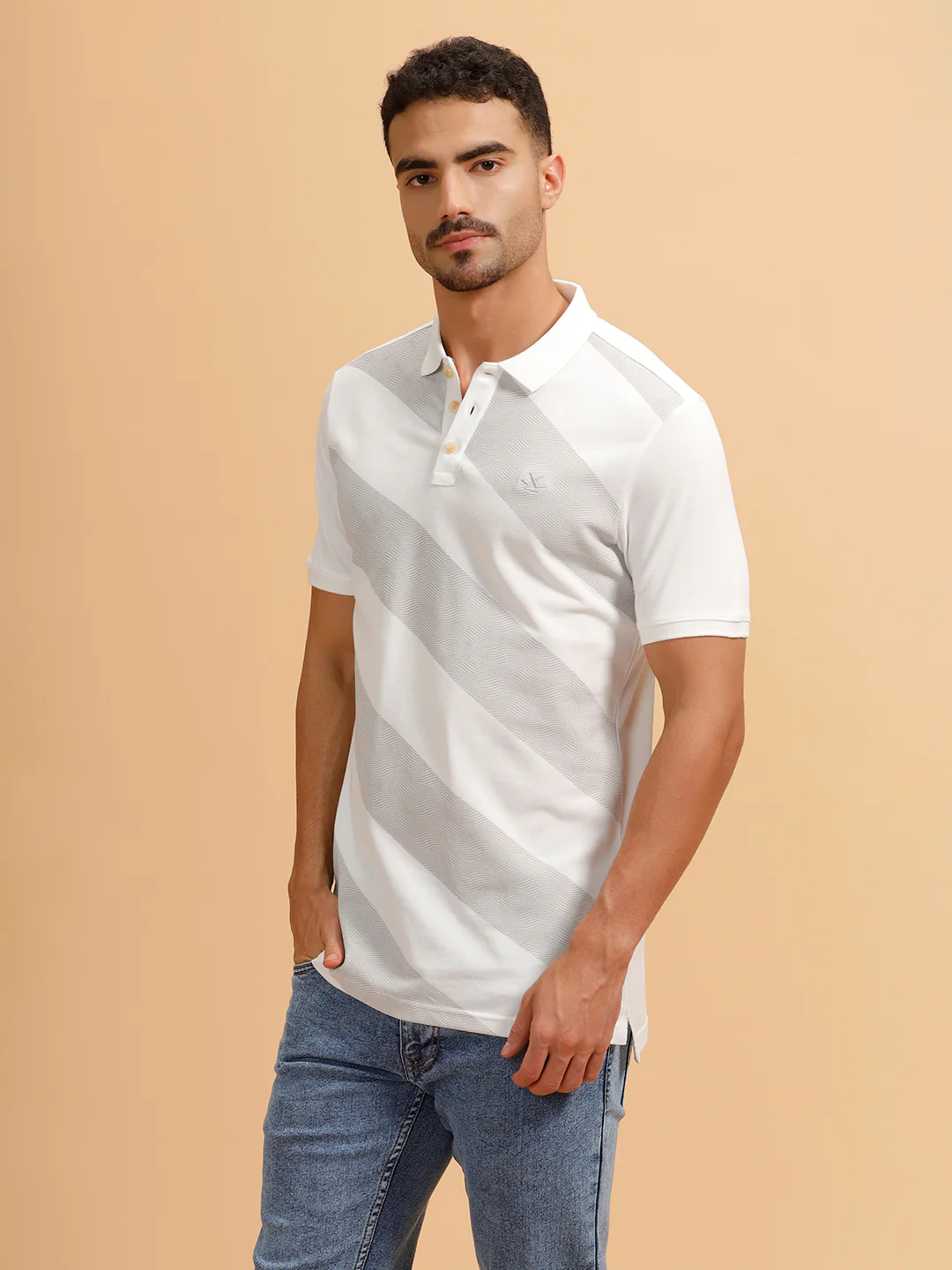 Angular Stripes Slim Fit Polo T-Shirt | White - Image 4