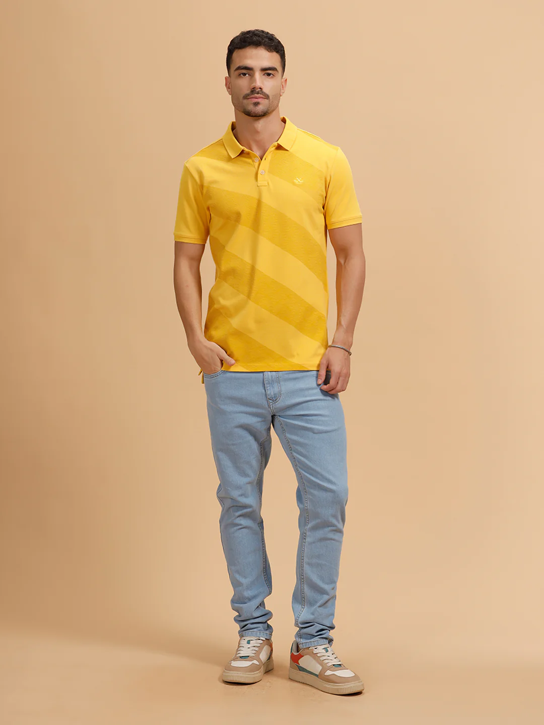 Angular Stripes Slim Fit Polo T-Shirt | Yellow - Image 2