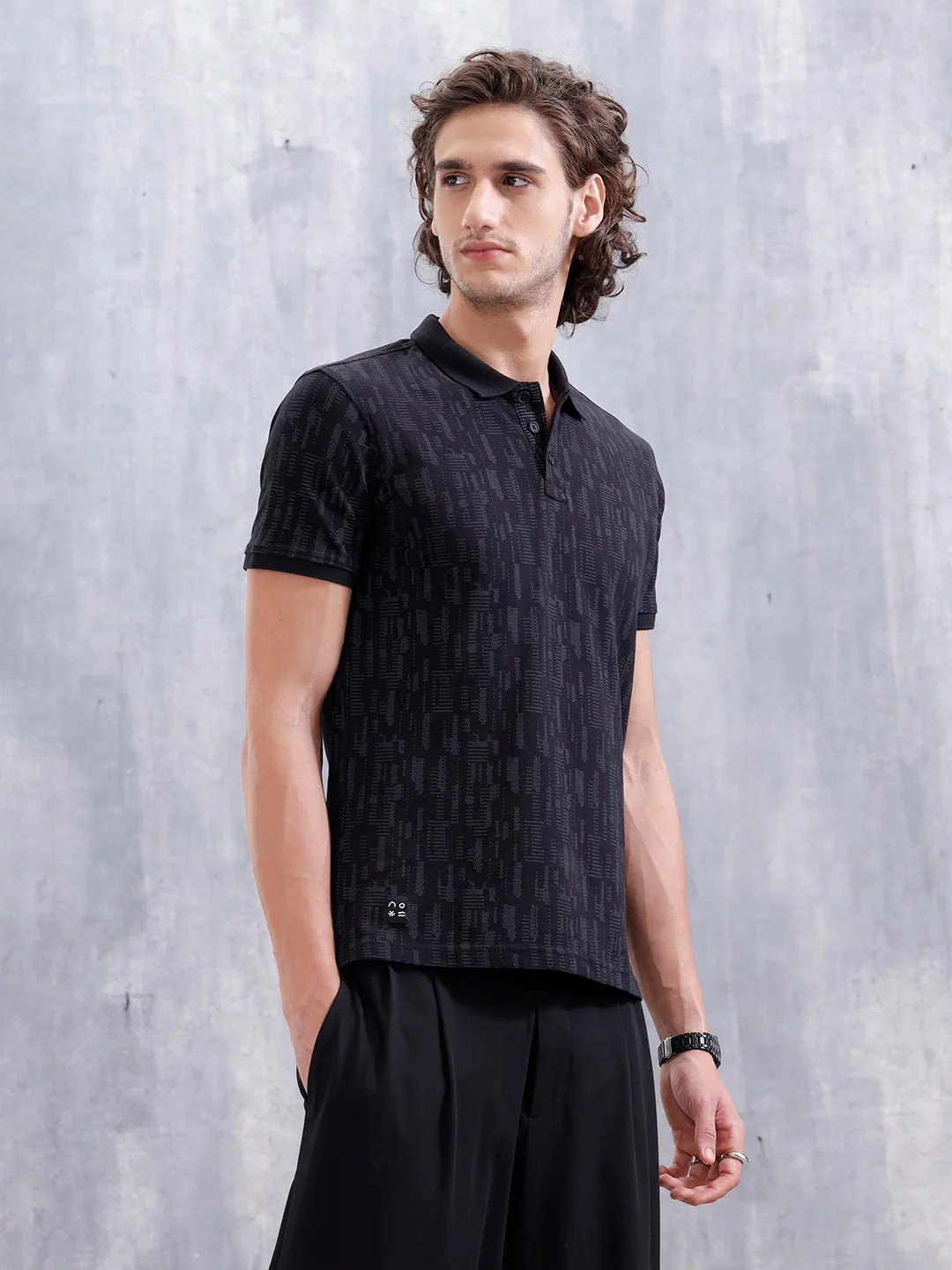 Aop Printed Slim Fit Polo Collar T-shirt | Black - Image 4