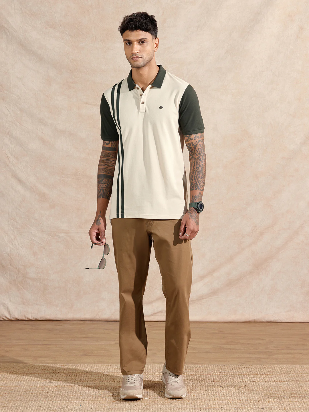 Assymetrical Striped Polo T-Shirt | Beige & Olive - Image 2