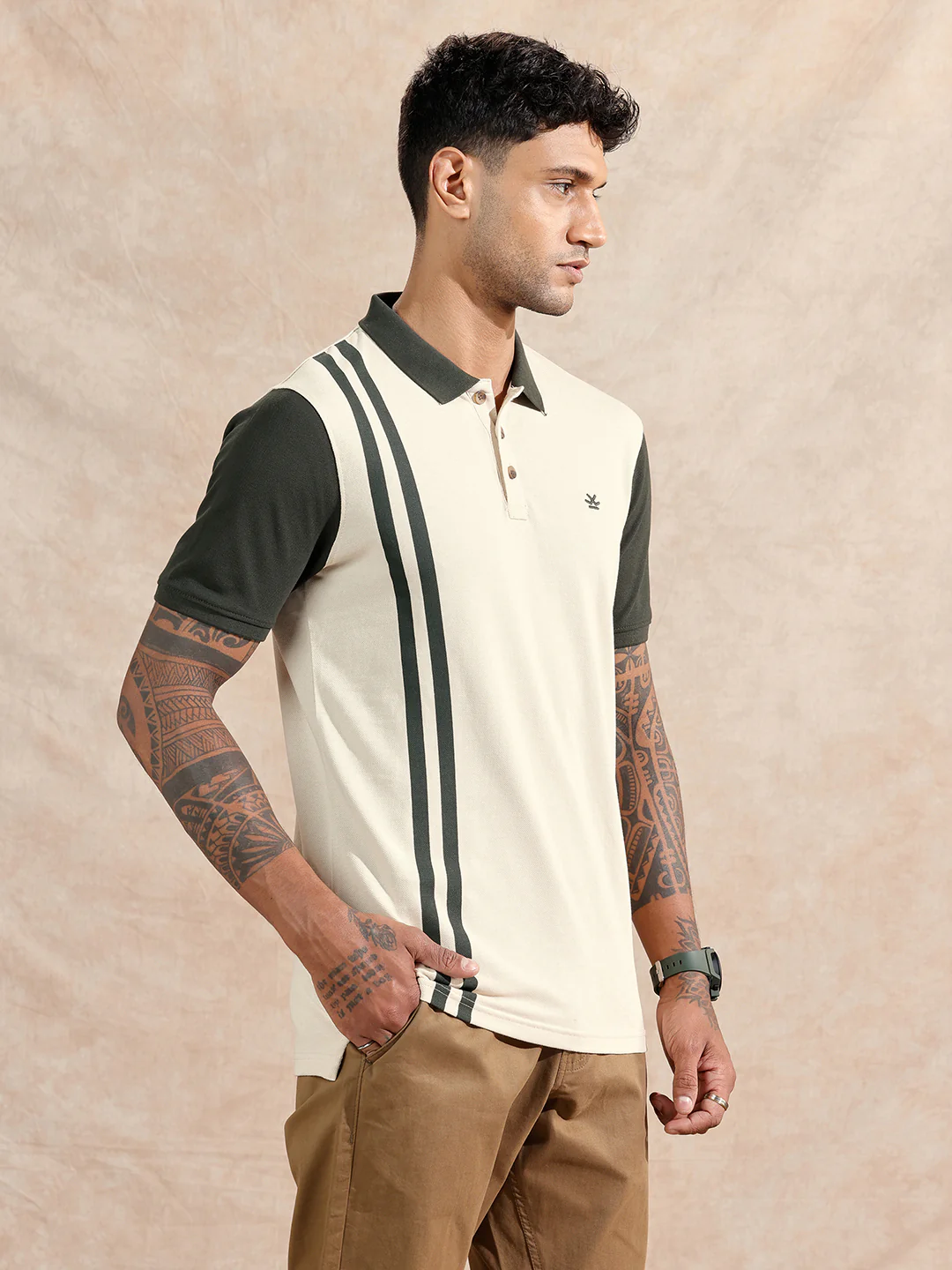 Assymetrical Striped Polo T-Shirt | Beige & Olive - Image 4