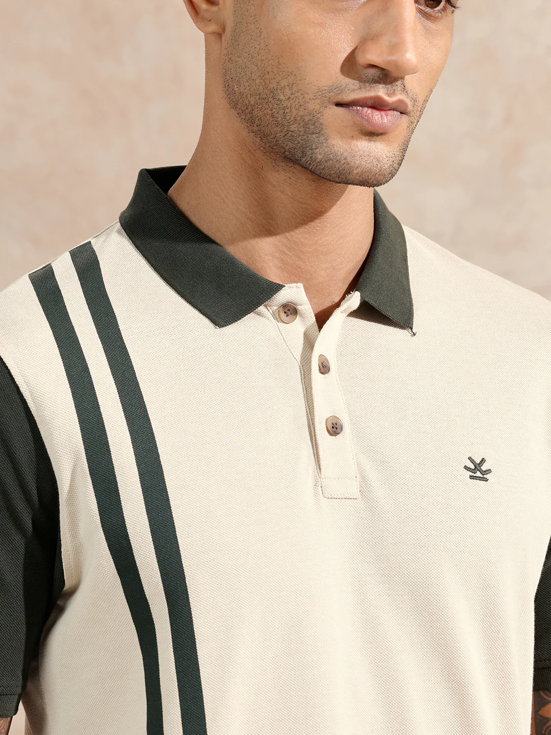 Assymetrical Striped Polo T-Shirt | Beige & Olive - Image 5