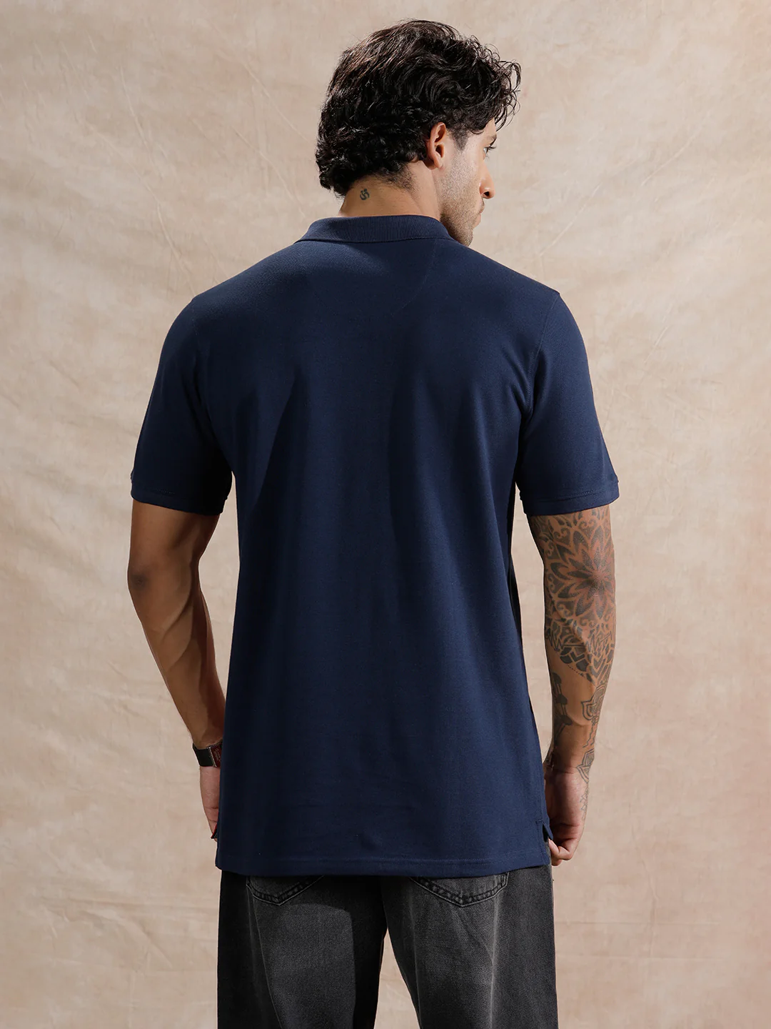 Asymmetric Colour Blocked Polo T-Shirt  | Navy Blue - Image 3