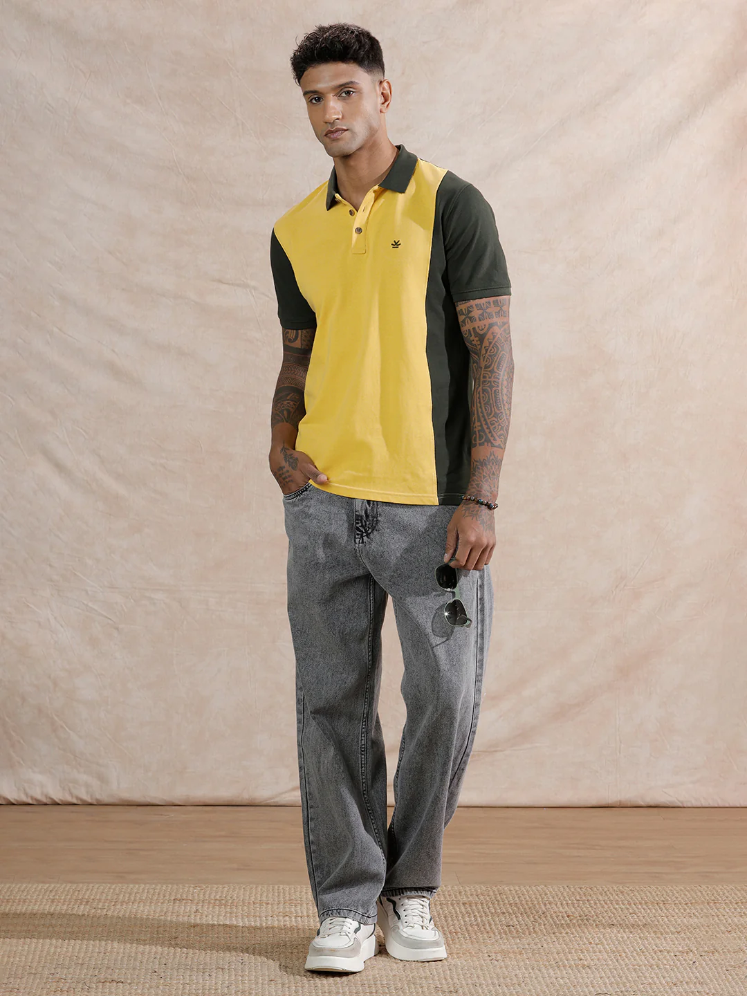 Asymmetric Colour Blocked Polo T-Shirt | Yellow & Olive - Image 2