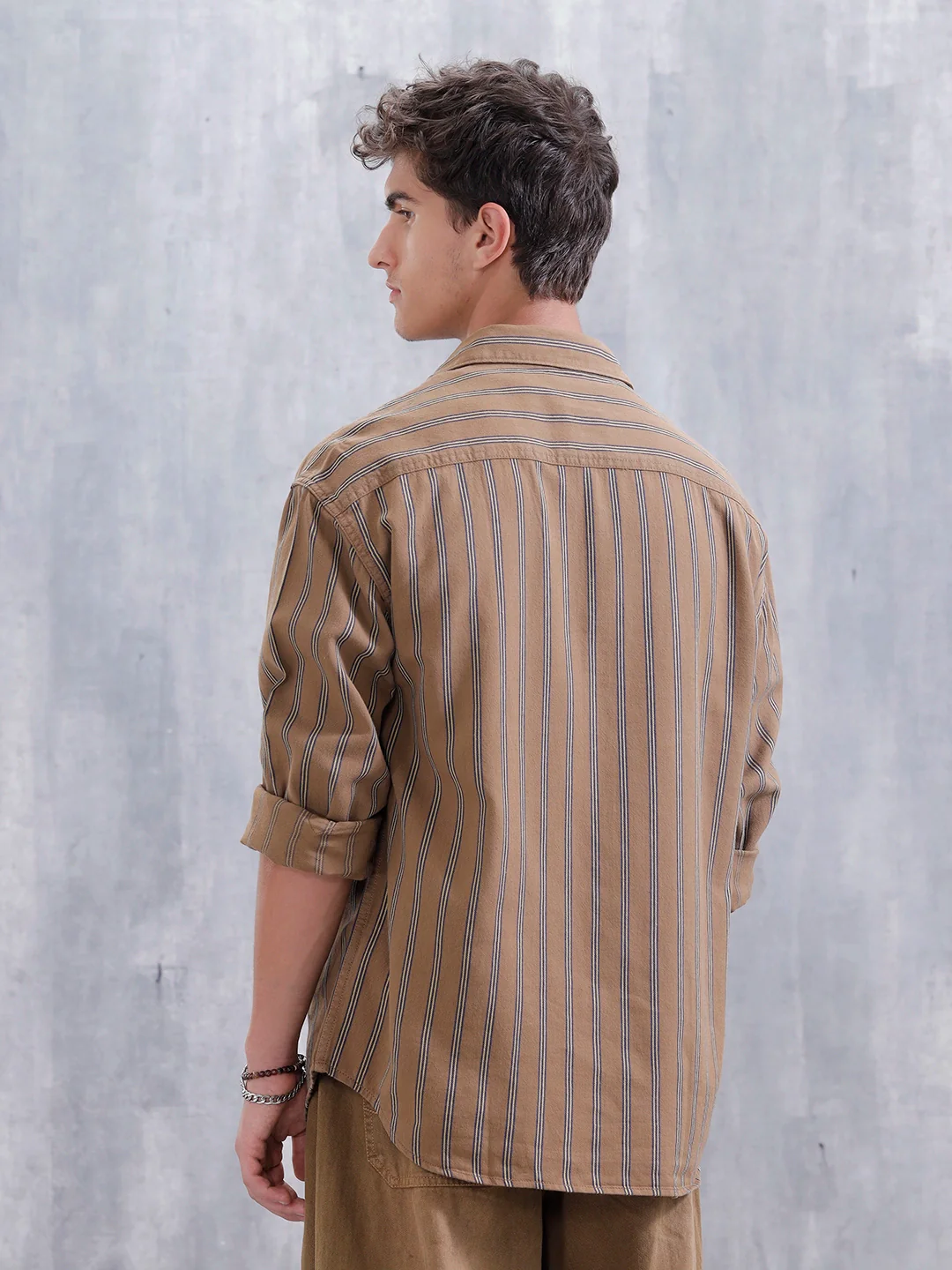 Asymmetrical Striped Oversized Shirt For Men | Brown - Image 3