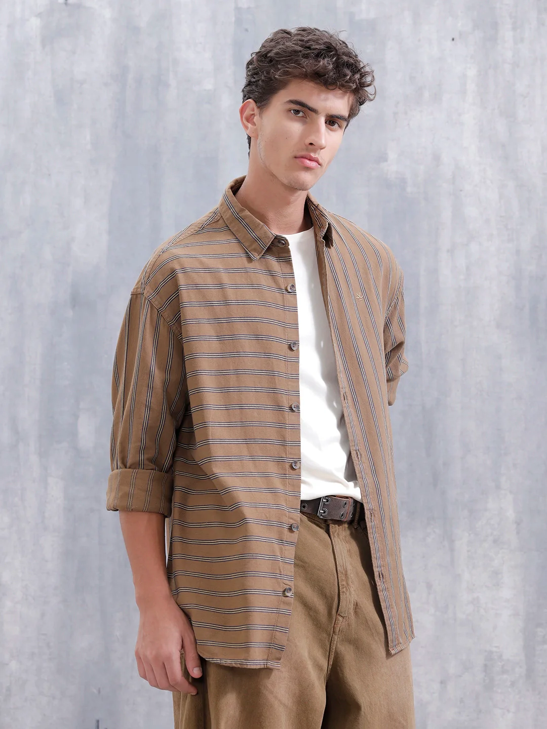 Asymmetrical Striped Oversized Shirt For Men | Brown - Image 4