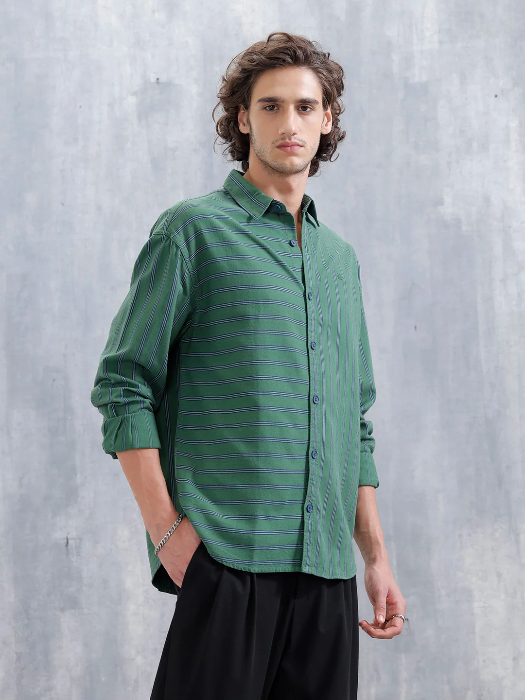 Asymmetrical Striped Oversized Shirt For Men | Dark Green - Image 4