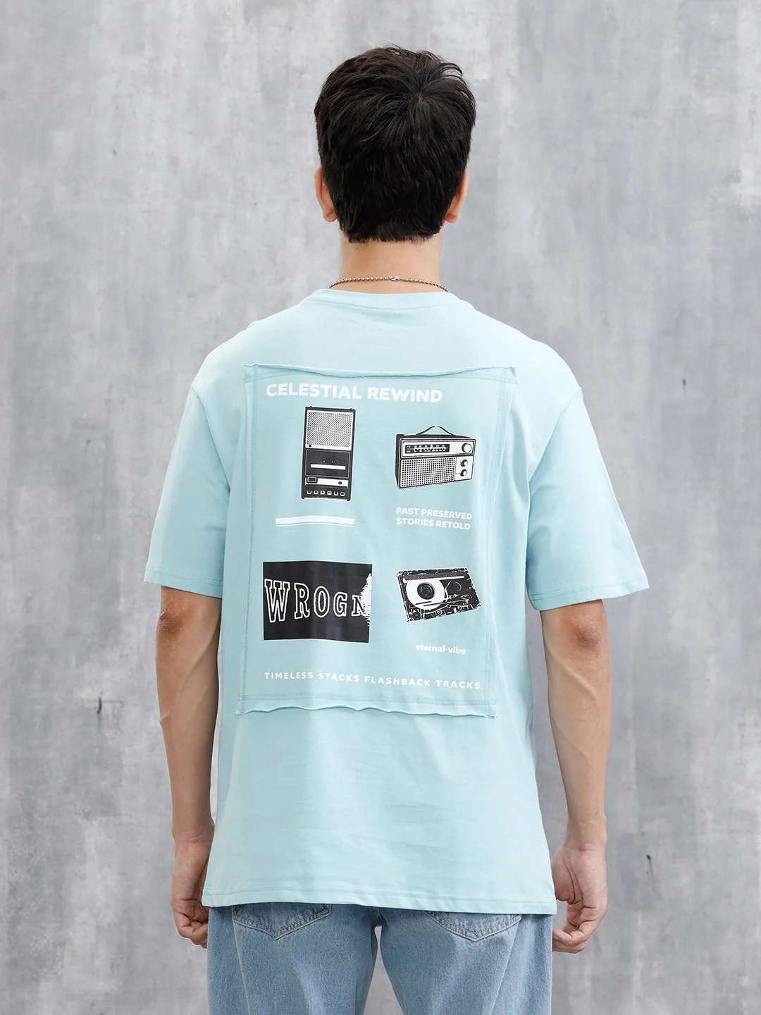 Back Printed Patchwork T-Shirt | Light Blue - Image 3