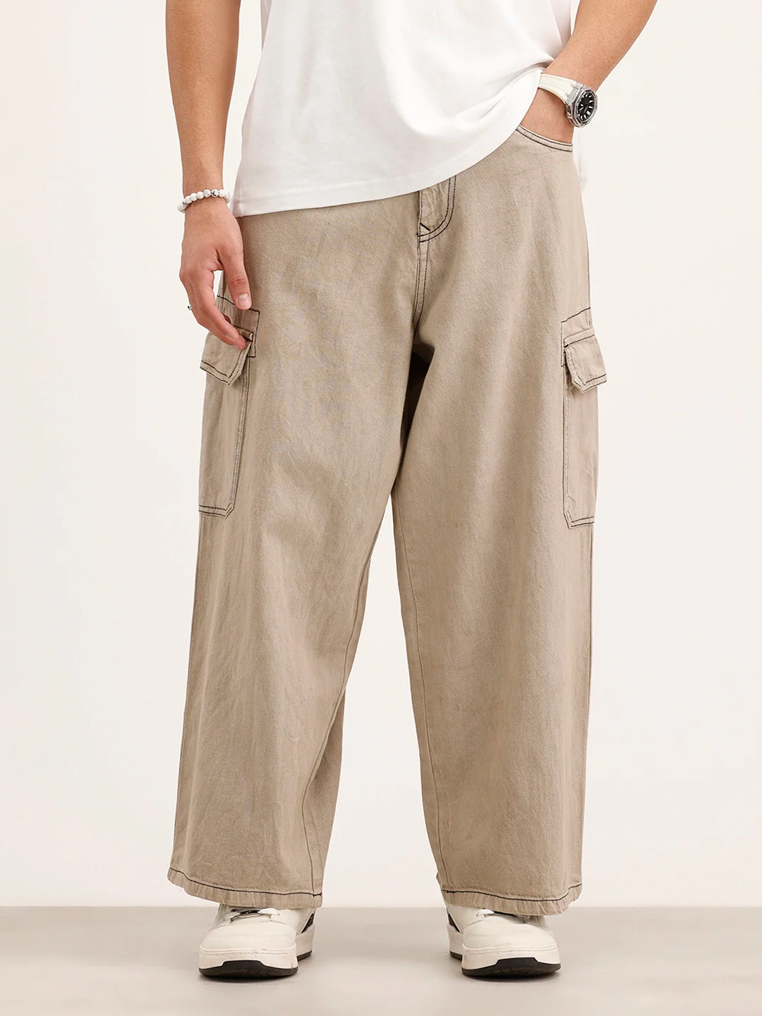 Baggy Cargo Fit Denim Jeans | Khaki - Image 4