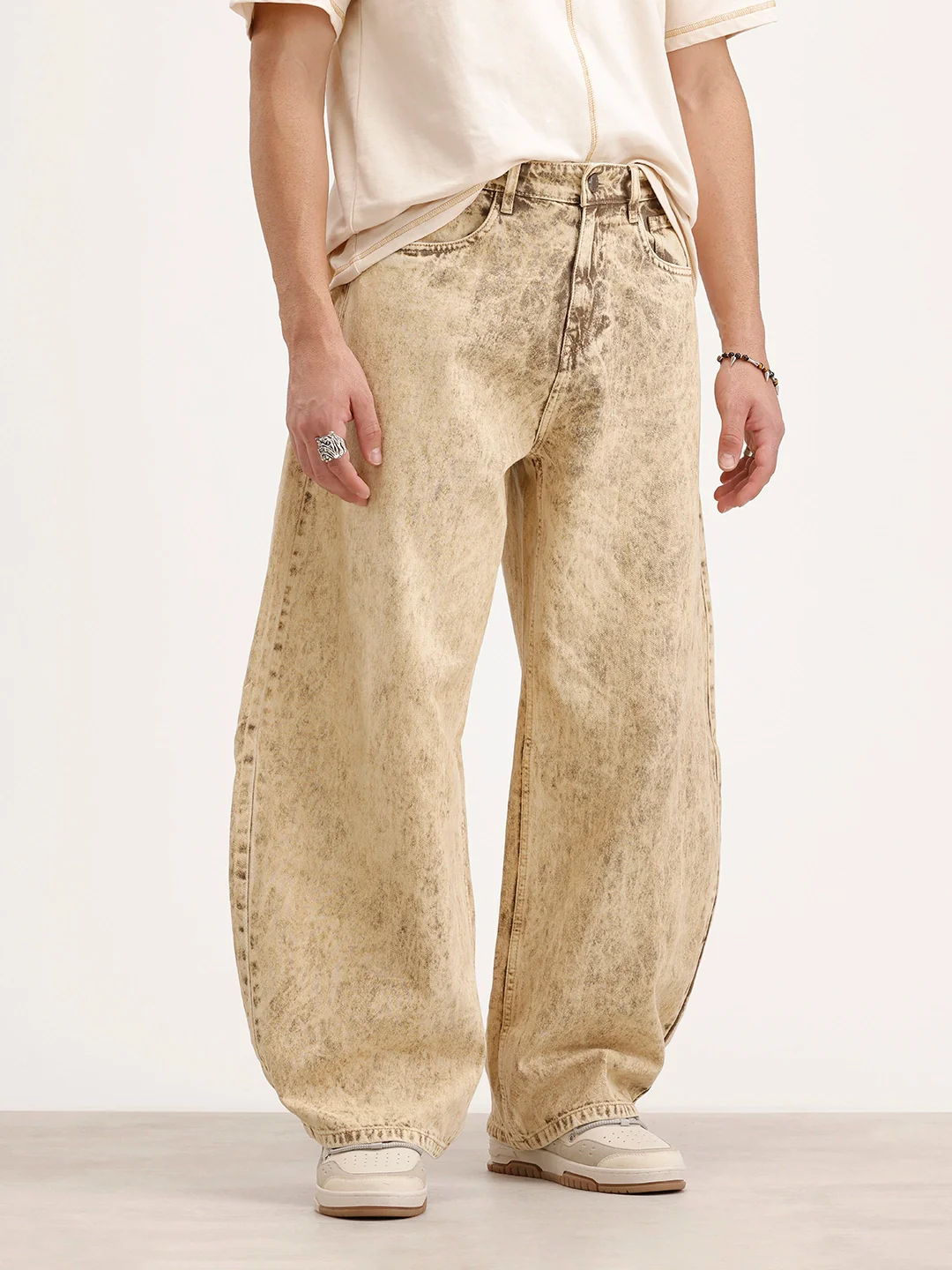 Balloon Fit Washed Denim Jeans | Khaki - Image 4